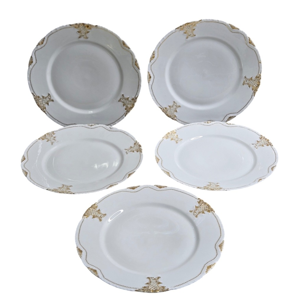 Set of 5 Theodore Haviland Limoges Plates White Gold Gilt Scalloped France 10
